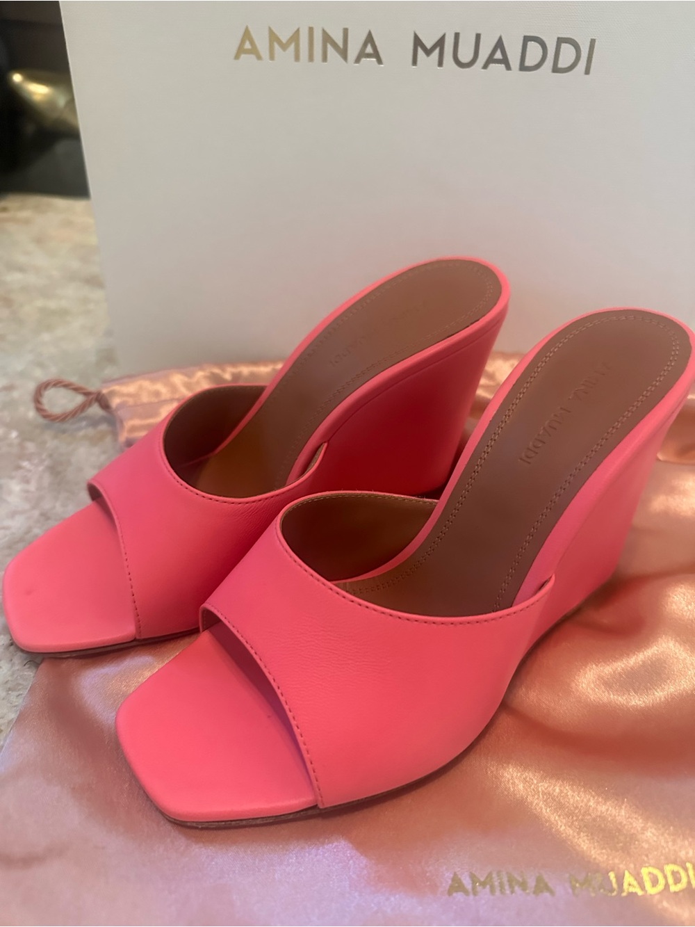 Amina Muaddi Neon Pink Square-Toe Slide Mules - Picture 2 of 7